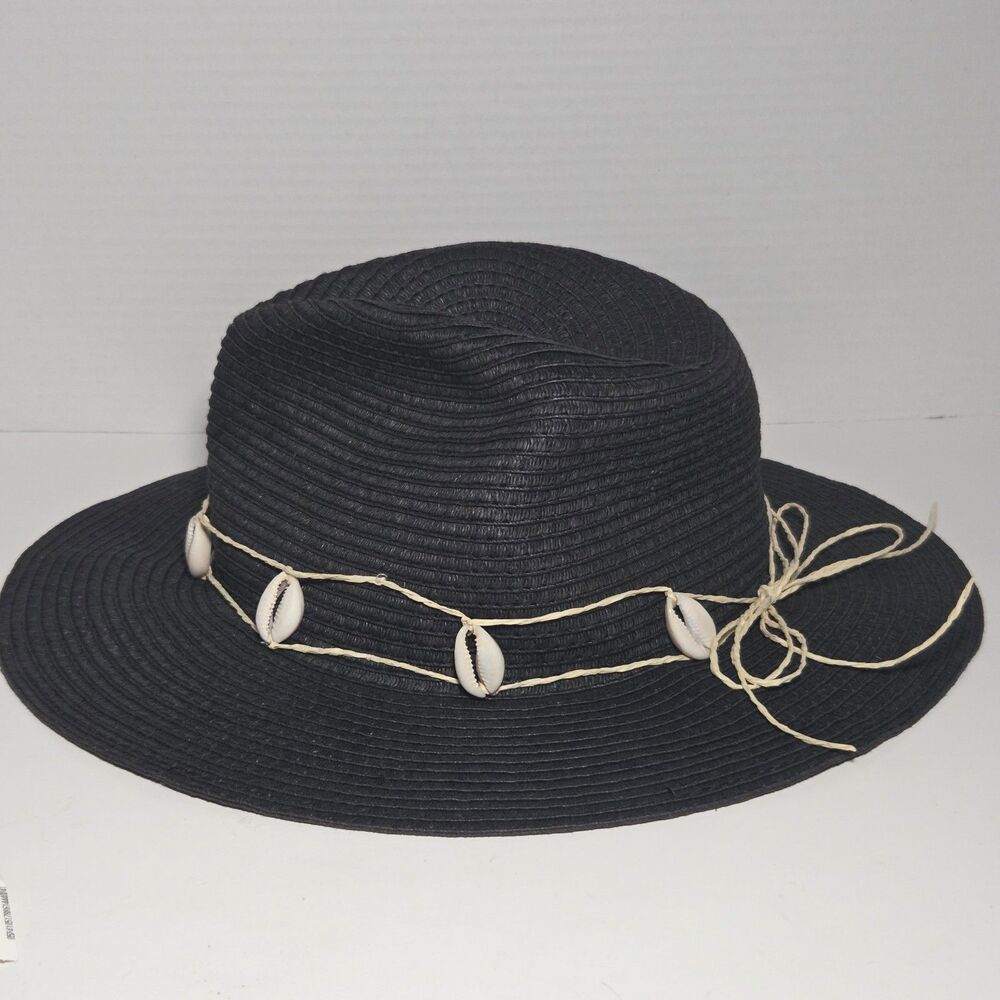 Badgley Mischka Black Straw Fedora Sun Hat Seashell Boho Coastal Cowgirl